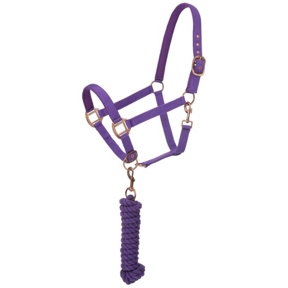 Cabezal para Caballo Tough1 Resistente Acolchado en Púrpura con Cuerda de Guía