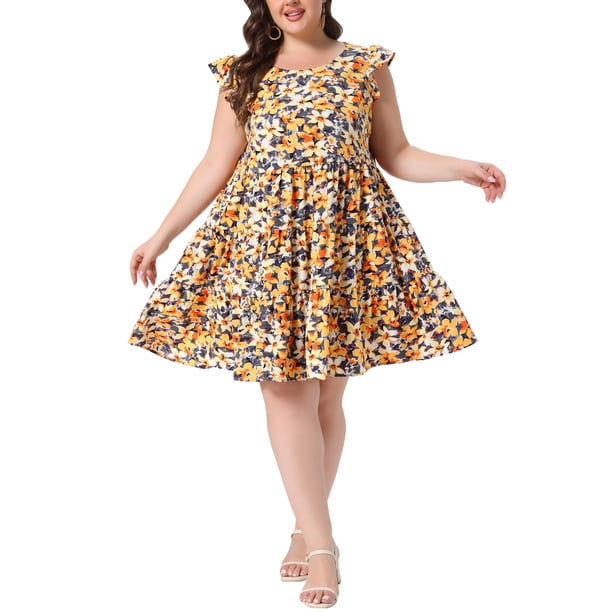 Vestido Boho de Talla Grande para Mujer de Agnes Orinda con Estampado Floral, Volantes en Capas, Mangas con Volantes, Cuello Redondo, Vestido Babydoll de Verano 1X Amarillo