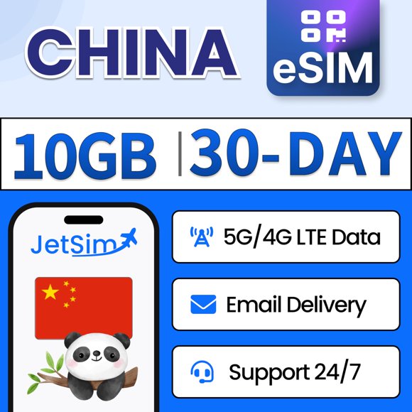 eSIM JETSIM China Plan de 30 días con 10 GB de alta velocidad