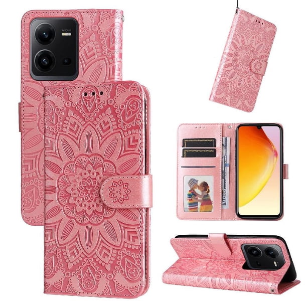 Funda tipo cartera FOXDOCK para Vivo V25 5G , diseño girasol en relieve, cuero PU, cierre magnético, soporte y tarjetero