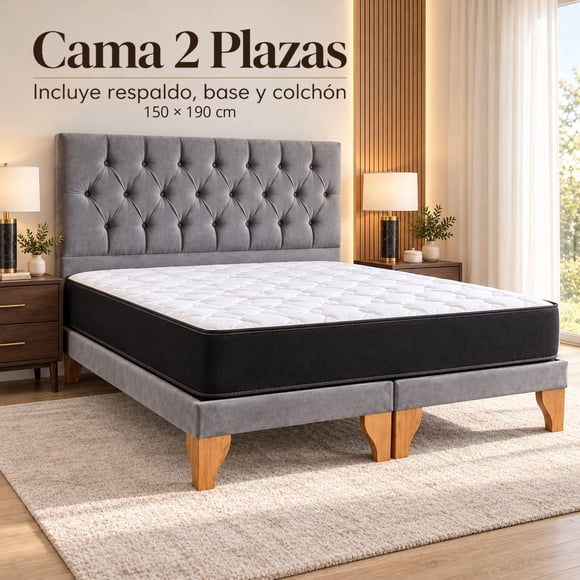 Cama europea Kumara 2 plazas con colchón y respaldo capitoné gris en felpa 150x190 cm