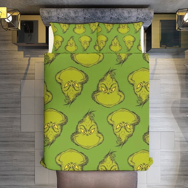 Christmas Grinch Head 3 Pieces Duvet Cover Set Full Size Super Soft Fade Resistant Microfiber