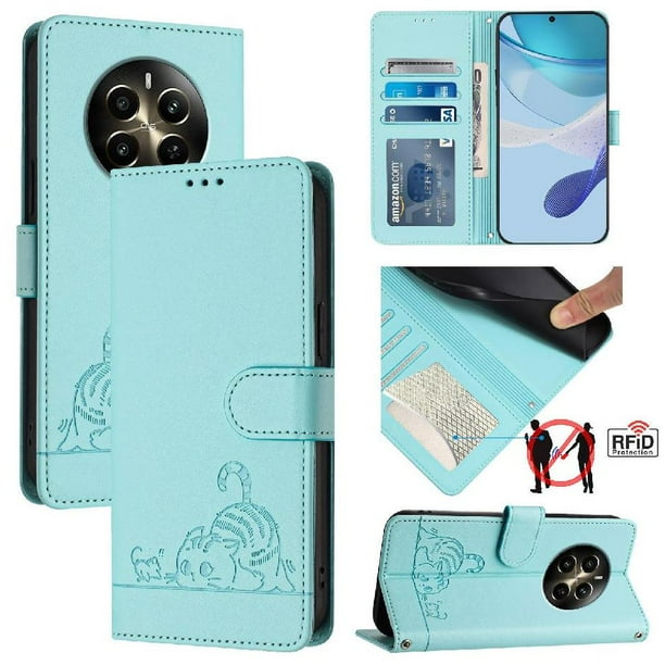 Funda tipo cartera FOXDOCK para Realme 12 plus 5G con soporte, ranuras, RFID, diseño de gato