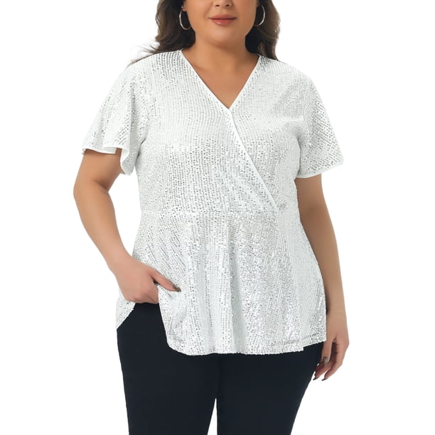 Agnes Orinda Disfraces de Halloween para Mujeres Tallas Grandes Blusas de Lentejuelas Brillantes Imitación de Envoltura Cuello en V Manga Corta Dobladillo Peplum Fiesta Blusas Metálicas 2X Plata