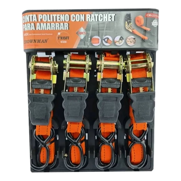Jgo 4 Eslinga Cinta Amarre Con Ratchet 1 Pulgx15 Ft Crownman Negro Naranja