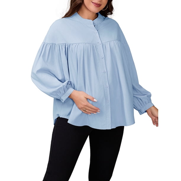INSPIRE CHIC Camisas de Maternidad para Mujeres Blusas Plisadas con Botones Manga Larga Top de Lactancia para Embarazo 2XL Azul