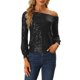 thumbnail image 1 of INSPIRE CHIC Tops de Lentejuelas de Hombro Descubierto para Mujeres de Manga Larga Fiesta Disco Brillo Glitter Top XS Negro, 1 of 6