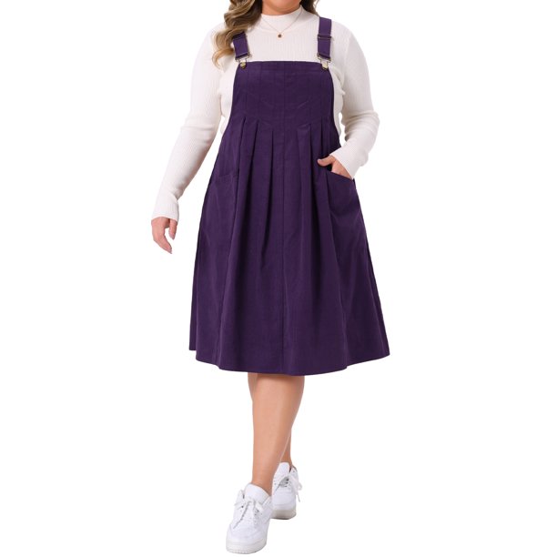 Agnes Orinda Disfraces de Halloween para Mujeres Tallas Grandes Vestido Pichi de Pana con Pliegues en Línea A con Bolsillos y Tirantes Ajustables 3X Púrpura Oscuro
