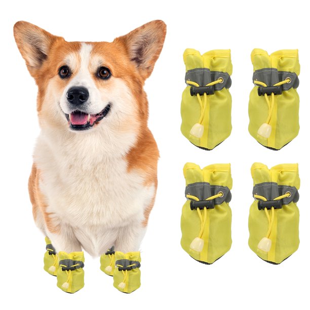 Uxcell Zapatos para Perros, Botas para Perros, Protector de Patas con Suela Antideslizante de Invierno con Correa Reflectante Impermeable Suave, (4 Piezas, Oxford, Talla 5, Amarillo)