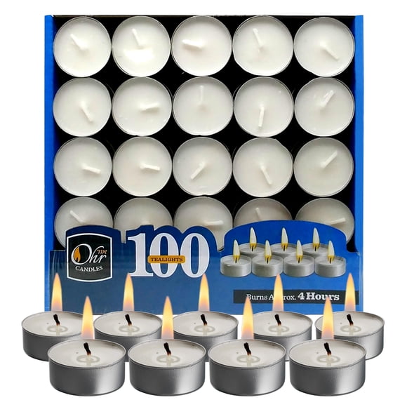 Paquete de 100 velas Tealight Candles OHR, color blanco sin perfume