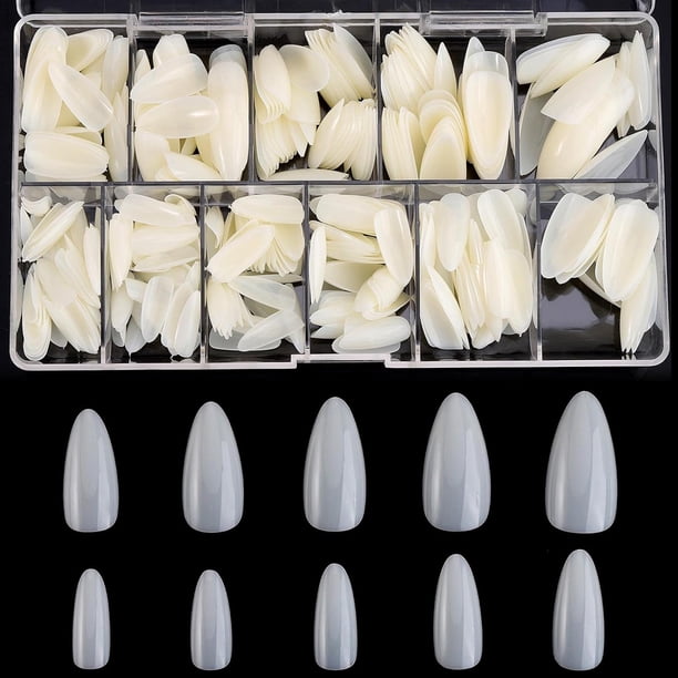 Puntas de uñas acrílicas en forma de almendra - 500 piezas de uñas postizas de cobertura completa con estuche para decoración de uñas DIY, 10 tamaños