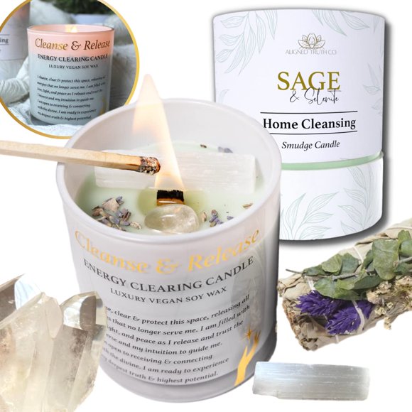 Candle Aligned Truth Co Sage con selenita y cristal de cuarzo, 240 ml