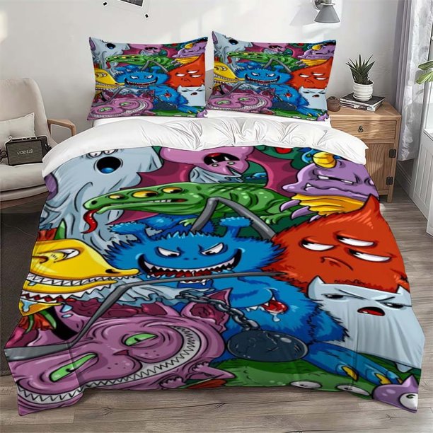 Bedding Set with Brightly Colored Cartoon Monster Illustrations