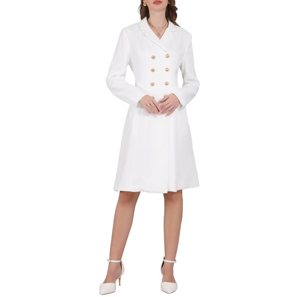 INSPIRE CHIC Vestido Blazer de Tweed para Mujer con Cuello, Doble Botonadura, Línea A, Formal para Trabajo, Talla S, Blanco