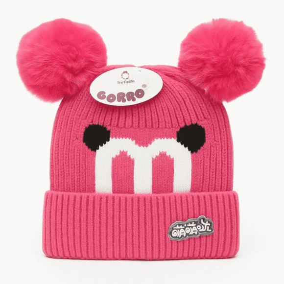 GORRO DE LANA INFANTIL DISEÑO CERDITO CON CHIPORRO Y POMPONES BEBE UNISEX