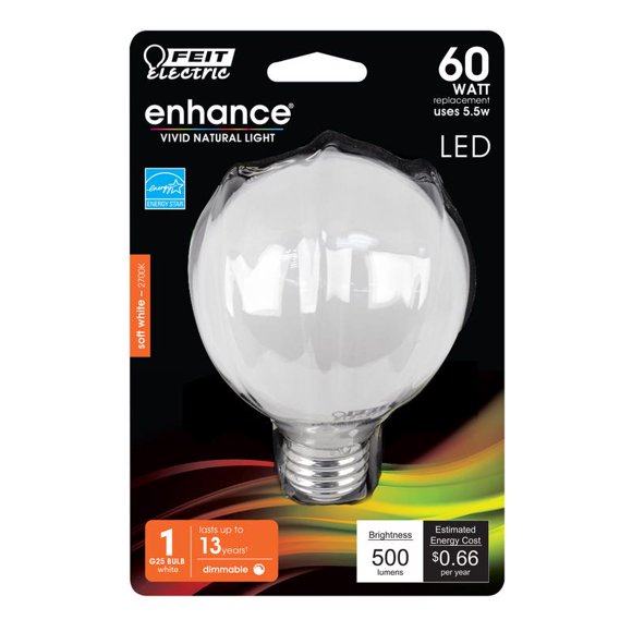Bombilla LED Feit Enhance G25 E26 (mediana), color blanco suave de 5,5 W, paquete de 1 unidad