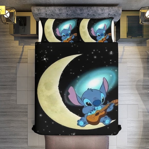 Stitch Playing Guitar on The Moon 3 Pieces Duvet Cover Set Full Size Super Soft Fade Resistant Microfiber