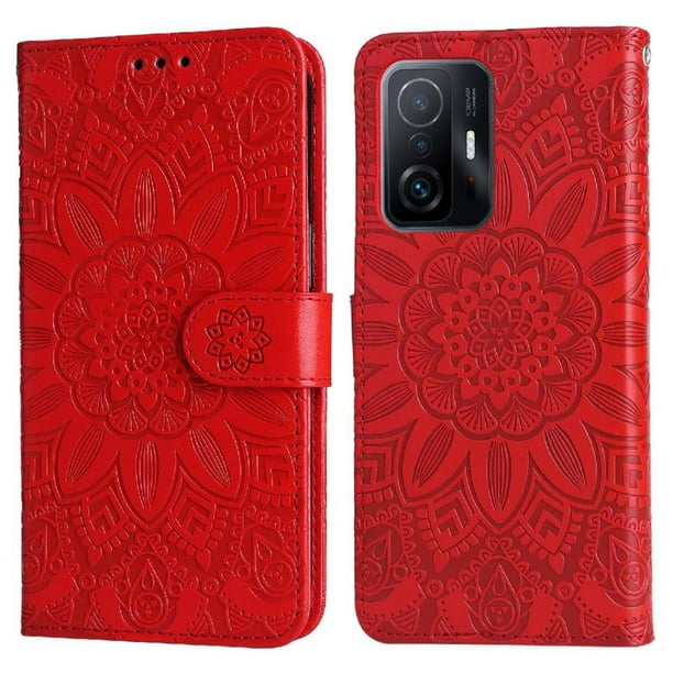 Funda tipo cartera FOXDOCK para Xiaomi 11T , diseño girasol en relieve, cuero PU, cierre magnético, soporte y tarjetero