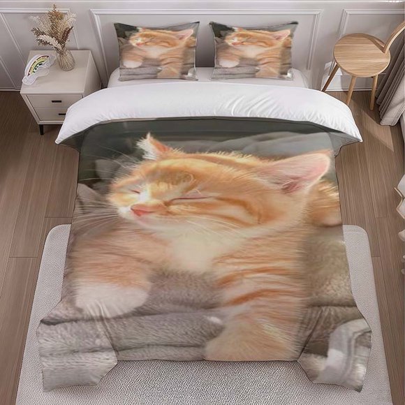 Kitten Sleeping Themed Bedding Set Duvet Cover and Pillowcase Set Soft and Comfortable