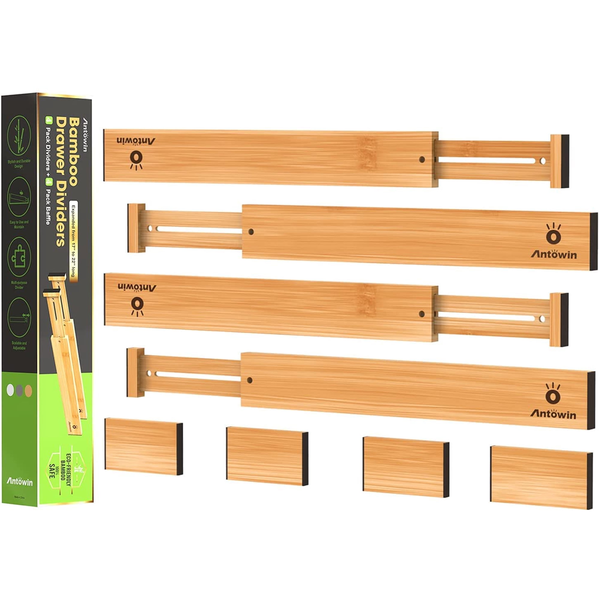 Separadores De Cajones Antowin De Bambú Ajustables De 43 A 56 Cm, Color Amarillo