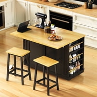 M&Ms - 48 Inch Kitchen Island With Drop Leaf,Power Outlet,Internal Storage Rack,Rolling Kitchen Storage Cart On 5 Wheels With 5 Open Side Racks,For Kitchen,Black (Old Sku N707P257057B)(Not Include Stools)