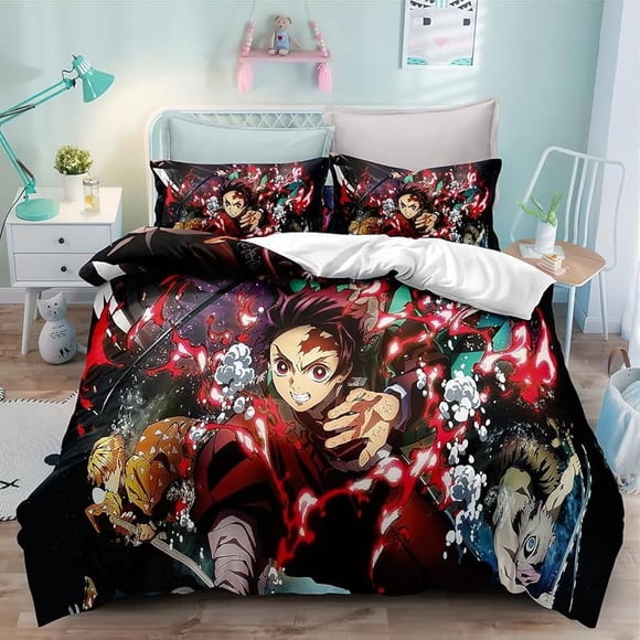 Bed --Duvet Co-ver A-nime Car-toon Demon--Slayer B-edding Set-s 3D Lightw-eight 3 Piece Co-mforter Sets 1 Duvet Cove-r and 2 Pillo-w Shams for Boys Girl