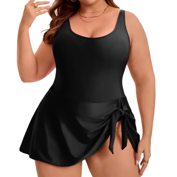 Agnes Orinda Traje de Baño de Una Pieza para Mujer Tallas Grandes con Control de Abdomen, Cuello en V, Traje de Baño Plisado con Falda para Playa y Piscina 2X Negro