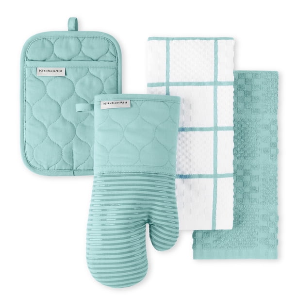 Juego de 4 piezas KitchenAid de soporte para ollas y guantes de horno – Color Agua Mineral