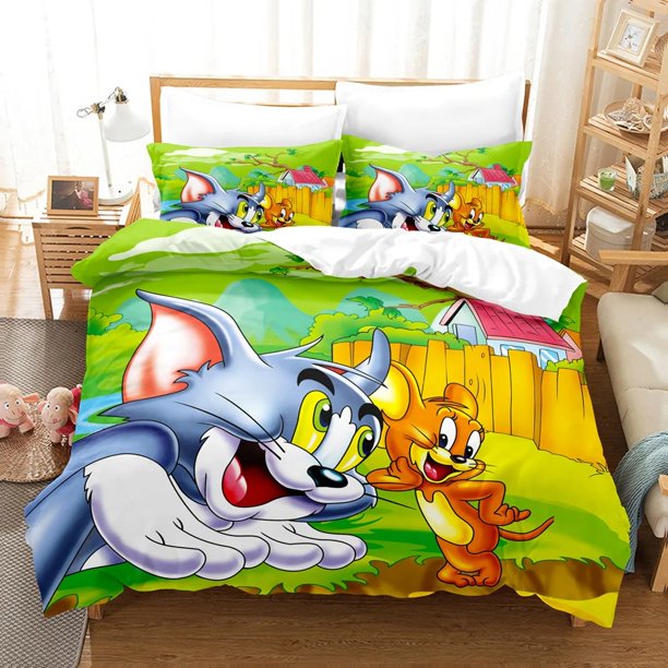 Tom Cat And Jerry Mouse Duvet Cover Pillow Cover Bedding Set, Kids Set Bedding Boy Girl Bedroom Duvet Set Three-Piece Set Bed Sheets
