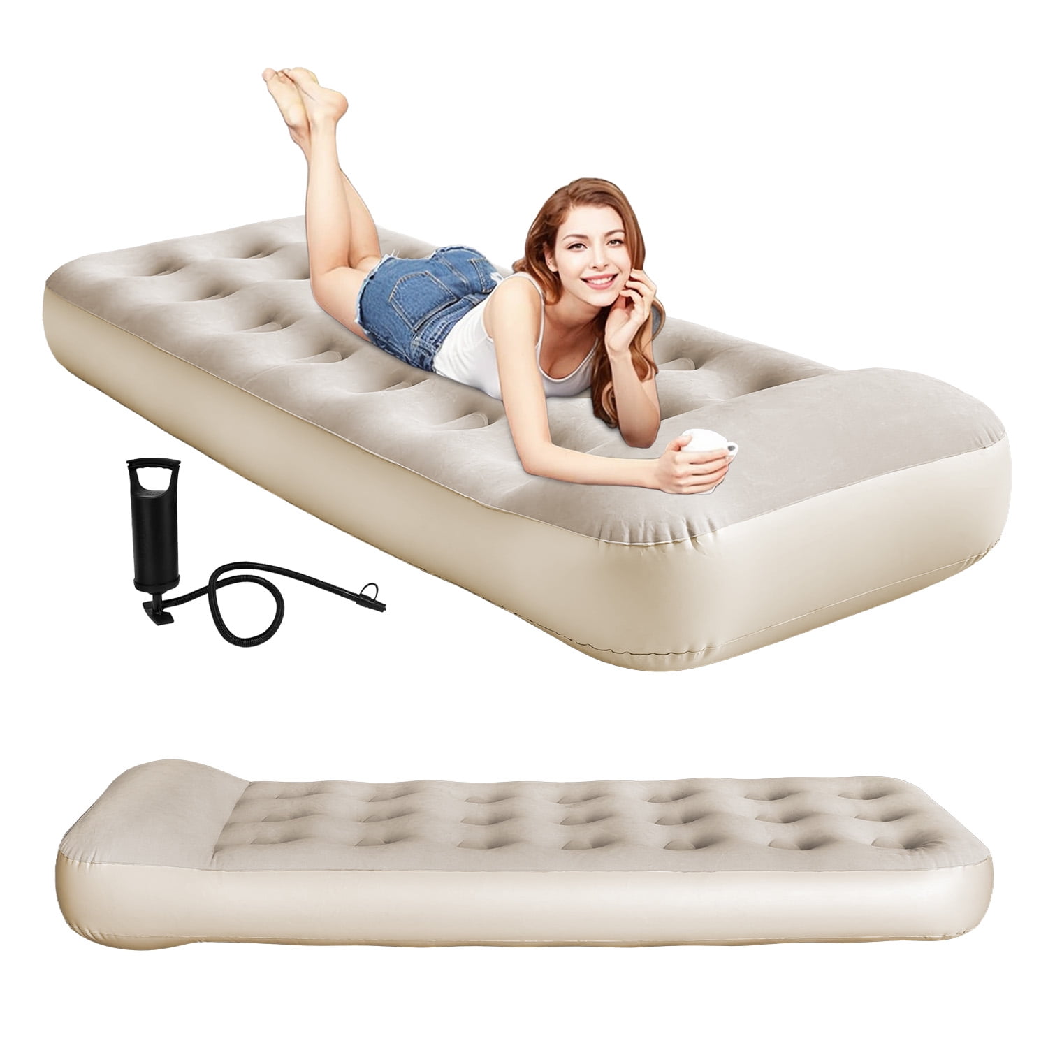 Colchón Inflable Individual 1 Plaza Almohada Integrada Con Inflador Color Beige Vidita