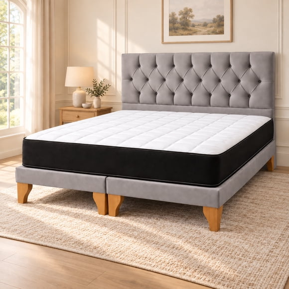 Cama Europea 2 Plazas Completa Base Dividida Capitoné Gris