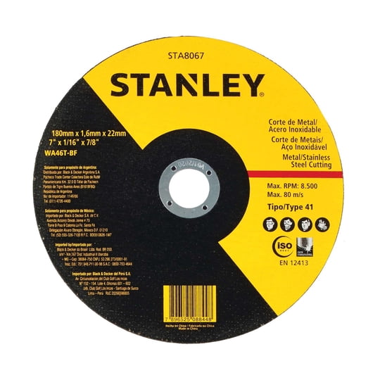 Disco De Corte Metal 7’’ 180 X 16 X 22 Mm Tipo 1 Stanley