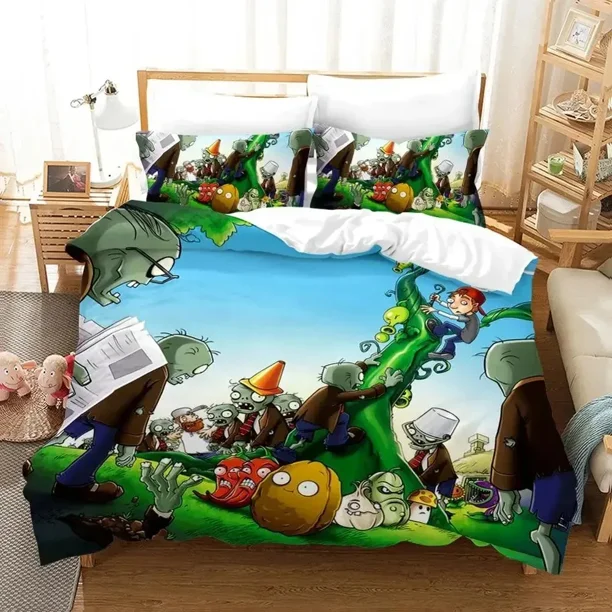 v1904 Bed Sheets Printed Plant Zombie Bedding Set Boys Girls Twin Queen Size Duvet Cover Pillowcase Bed Boys Adult Fashion Home Textileextile 3-Piece Bedding Set (1 Duvet Cover + 2 Pillow Shams) Bed S