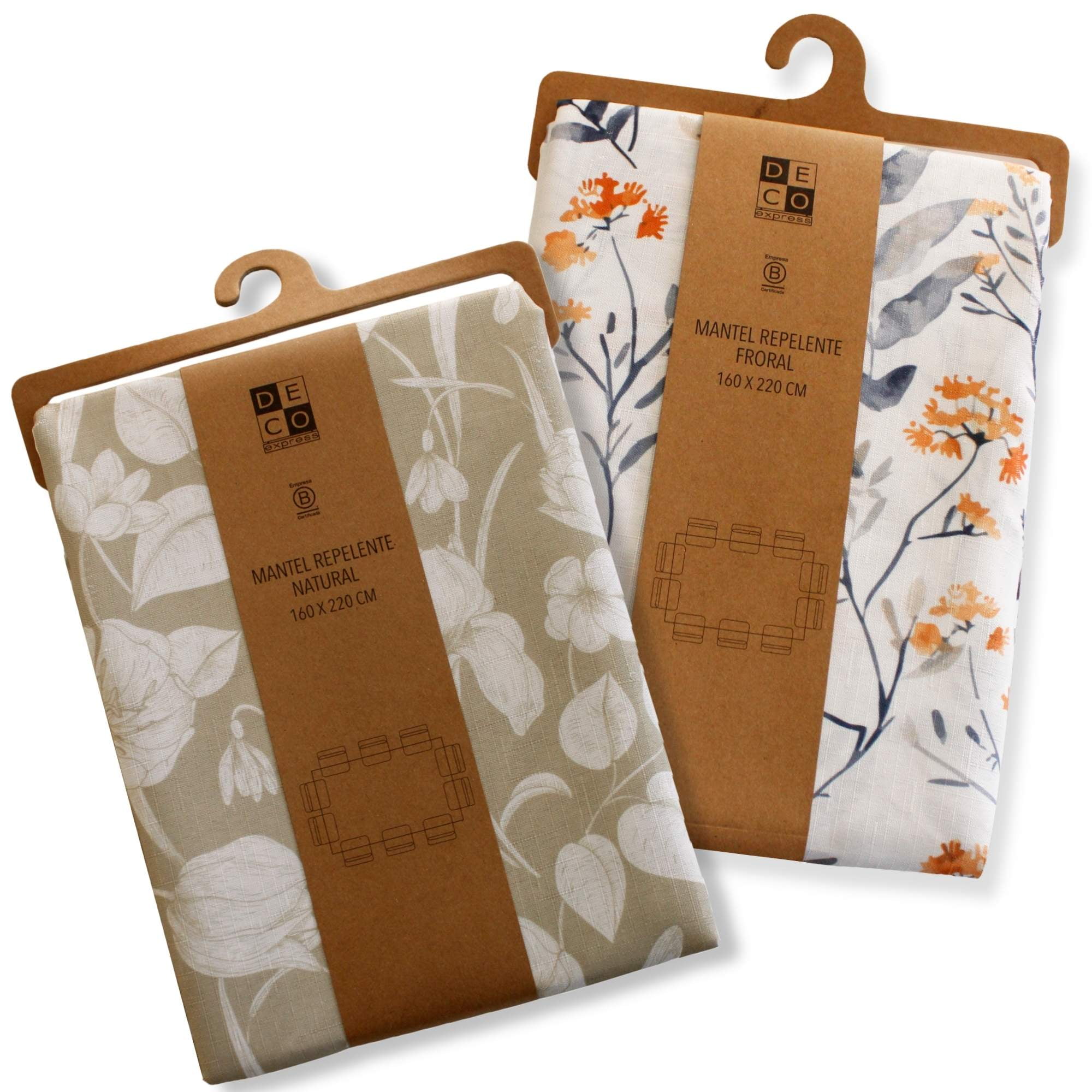 Decoexpress - Set 2 Manteles Antimanchas Floral Y Natural 160x220 Cm
