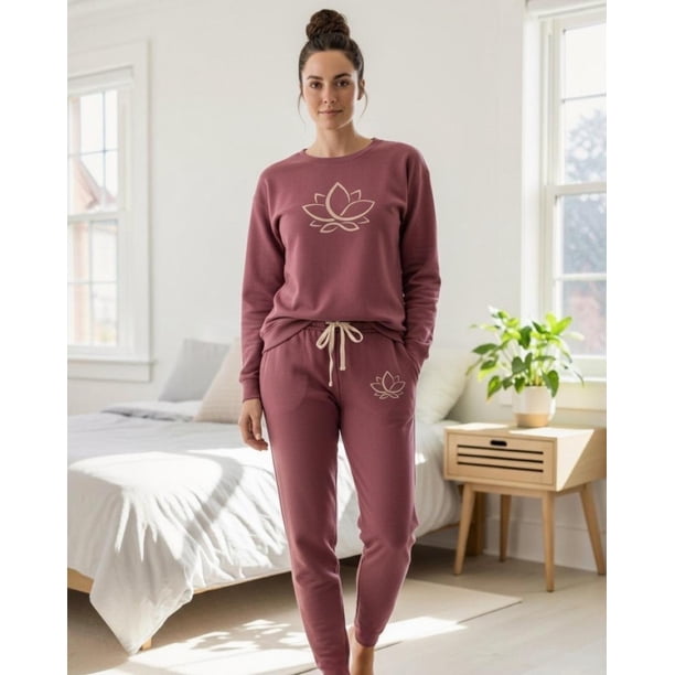 Pijama Franela Mujer Estampado Flor de Loto Burdeo terracota L