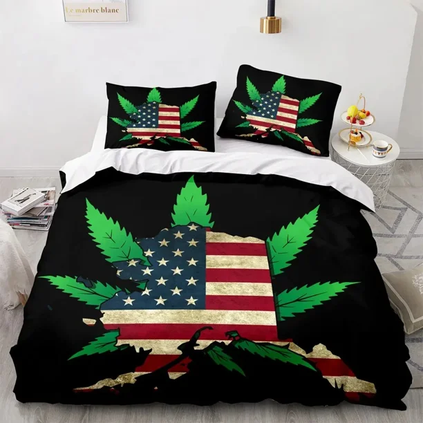 Marijuana Weed Leaf Duvet Cover Green Maple Leaves Bedding Set for Adults Palm Leaves 2/3pcs Polyester Quilt Cover Bed Sheets