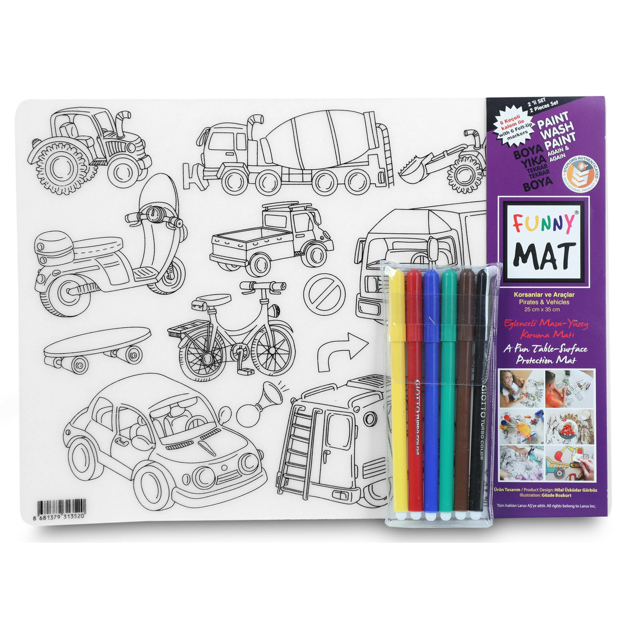 Funny Mat - Pack 2 Tapetes Reutilizables Para Colorear Piratas Vehículos Con 6 Lápices + 3 Años ¡nuevo En Chile!