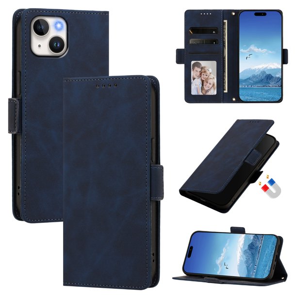 Funda Billetera Delgada para iPhone 13/14 con Ranuras y Soporte Azul oscuro
