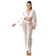 thumbnail image 1 of Saronite Conjunto de Blusa de Manga Larga con Cuello en V y Falda con Cintura Elástica Larga Desgastada, Blanco (para Mujer), 1 of 1