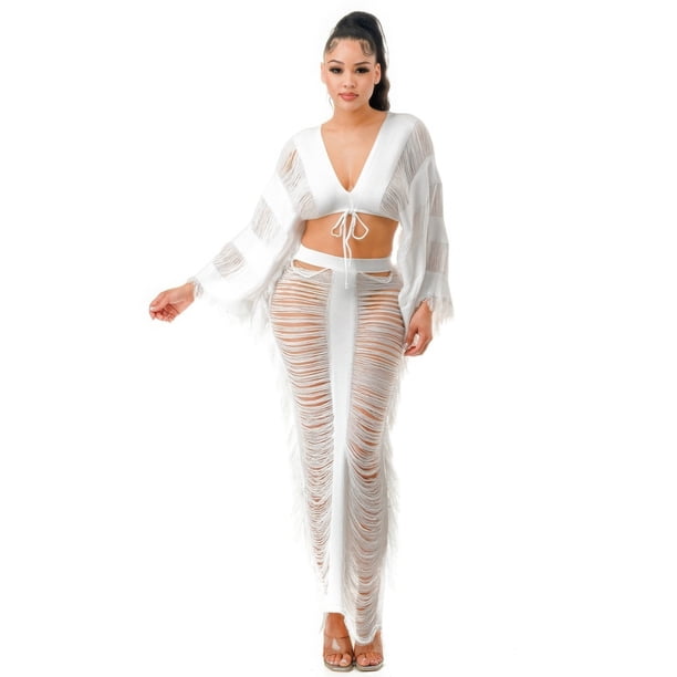 Saronite Conjunto de Blusa de Manga Larga con Cuello en V y Falda con Cintura Elástica Larga Desgastada, Blanco (para Mujer)