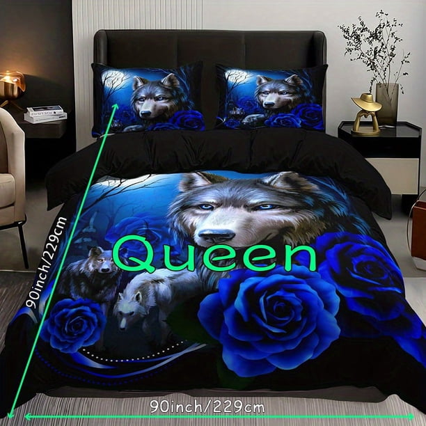 3pcs Fashion Duvet Cover Set, Wolf Blue Rose Print Bedding Set, Soft Comfortable Breathable Duvet Cover, For Bedroom Guest Room Decor (1*Duvet Cover + 2*Pillowcase, Without Core)
