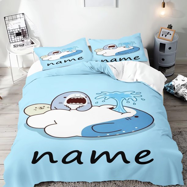 v2182 Bed Sheets Animal Shark Name Customization Duvet Cover Custom Size Images Anime Cartoons Scenery Pets Photos All Pictures Gifts For Kids 3-Piece Bedding Set (1 Duvet Cover + 2 Pillow Shams) Bed