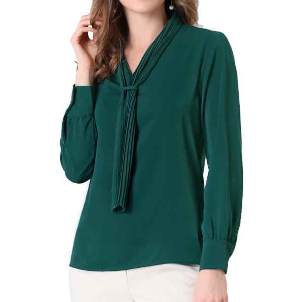 INSPIRE CHIC Blusas de Mujer de Manga Larga Chiffon Plisado con Lazo en el Cuello Camisa de Oficina XS Verde Oscuro
