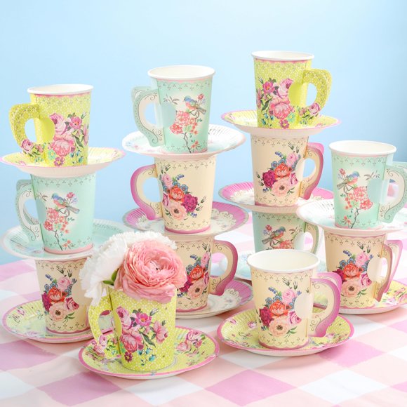 Tazas de té Talking Tables, pack de 24 con platillos, 200 ml, diseño floral