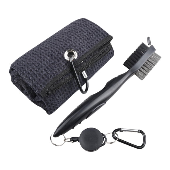 Cepillo de clubes de golf, toalla de golf para bolsas de golf con clip, herramienta de cepillo de limpieza de toallas de microfibra de patrón fácil de Toalla negra