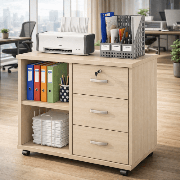 Mueble De Oficina Cajonera Archivador Llave Con Rueda 60cm Arce
