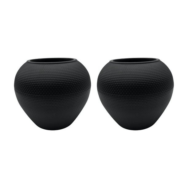 Set 2 Maceteros Plastico Redondo Ovalado Moderno Textura S negro