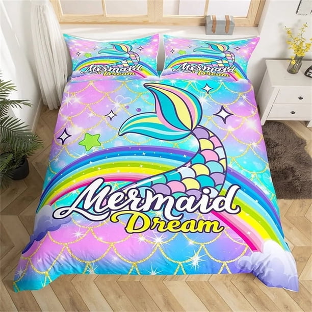 x2099 Bed SheetsCartoon Dolphin Duvet Cover Rainbow Fish Scales Microfiber Fantasy Sea Animal Bedroom Decoration for Girls Children Teen 3-Piece Bedding Set (1 Duvet Cover + 2 Pillow Shams) nj2099