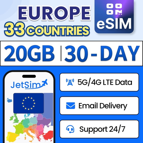 eSIM JETSIM Europa Plan de datos ilimitados de 20 GB por 30 días