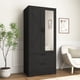 thumbnail image 1 of 2 Door Wood Wardrobe for Bedroom with Hanging Clothing Rod inside the Cabinet and 2 Drawers for Storage Organization, Built-in induction light Multifunctional Closet with Mirror, Black, 1 of 3